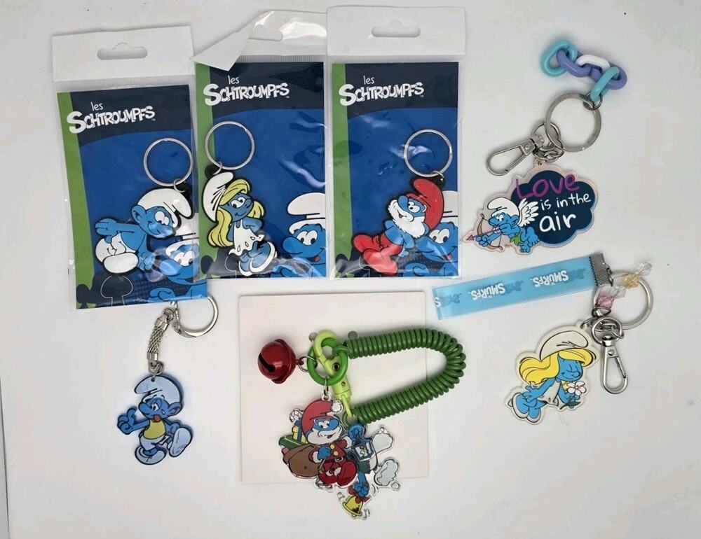 Smurf Smurfs Keychain Lot Of 7 Rare New Smurfette Papa Hefty Cupid smiling